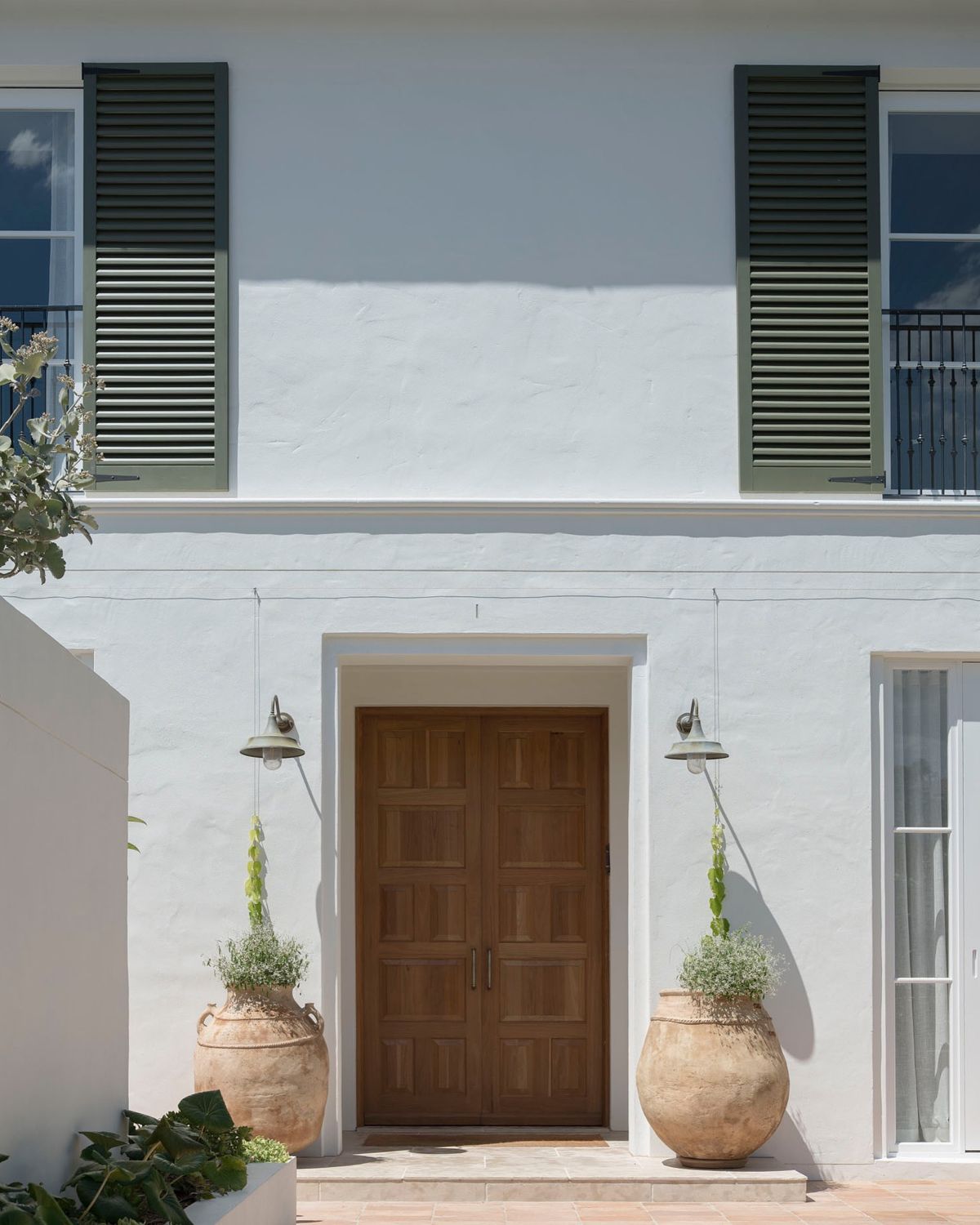 Front entrance of a completed Sydney home, timber door with planting either side